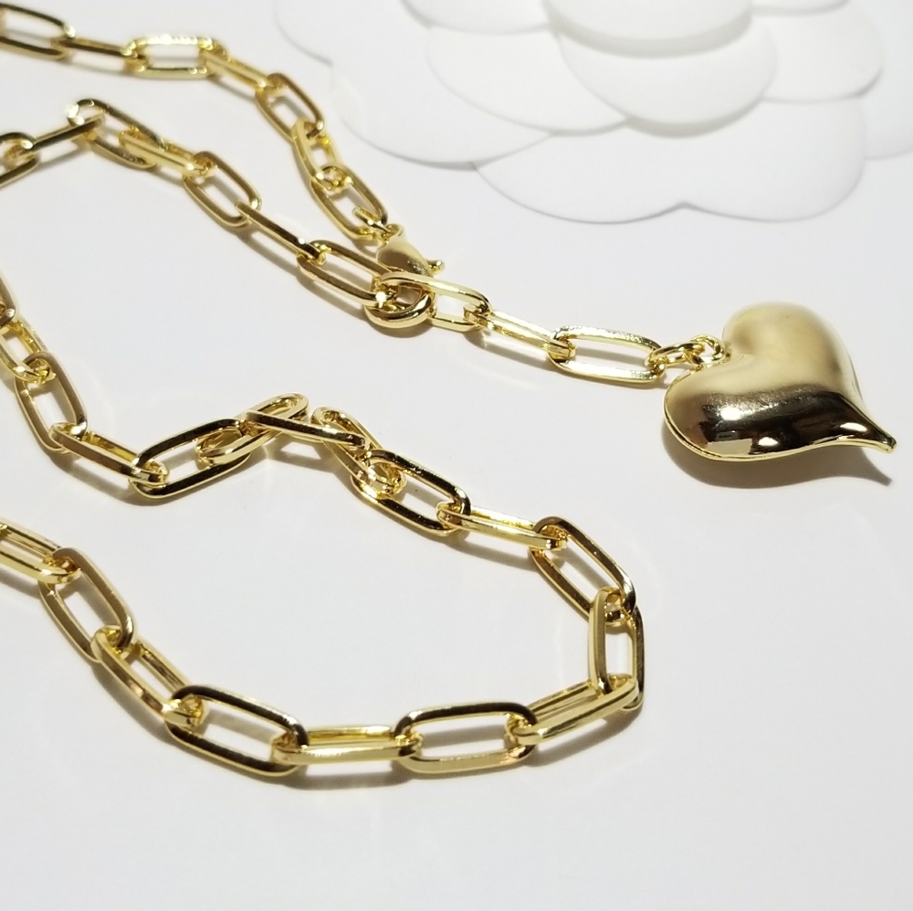 Gold Puff Heart Paperclip Choker Necklace Chain - Picture 6 of 10